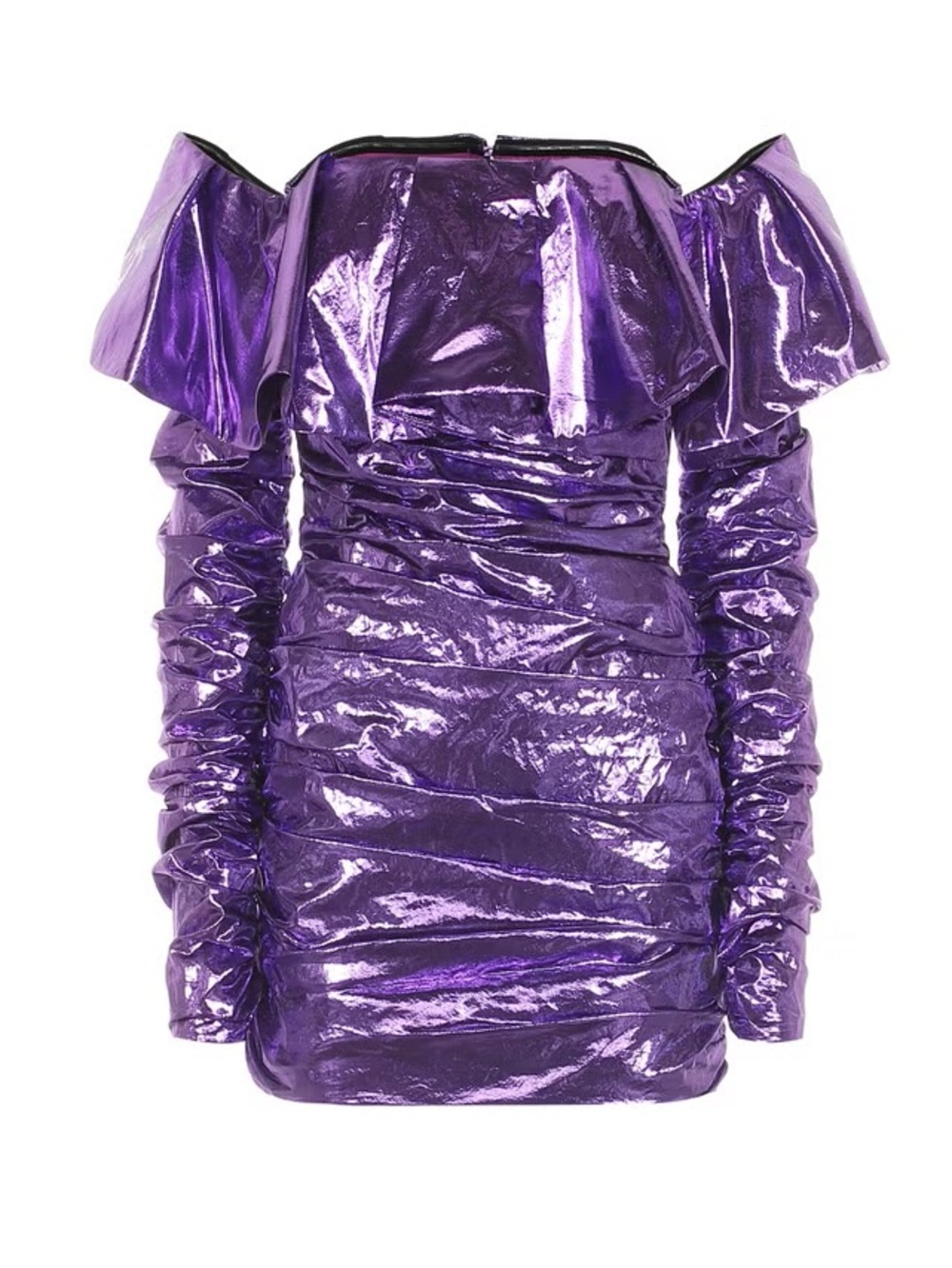 The Attico Purple Metallic Lamé Off-Shoulder Ruched Mini Dress